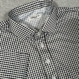 Collars & Co Polo Shirt Men M Black White Gingham Dress Collar Work Business NEW